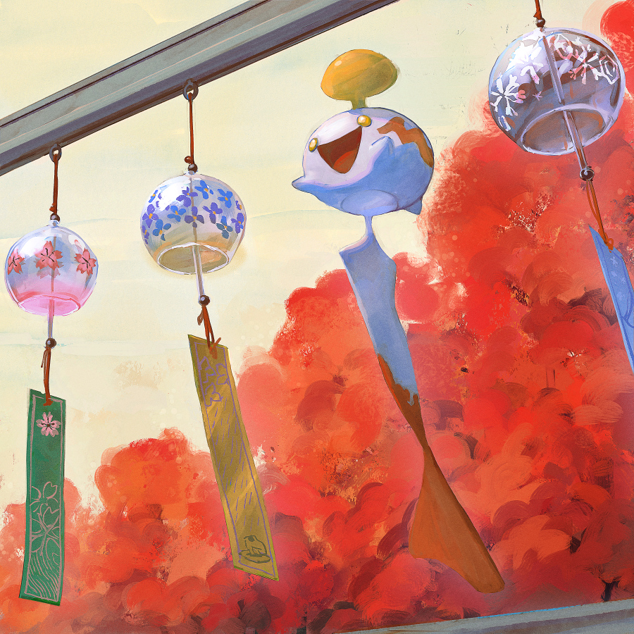 :d chimecho commentary commission day floating from_below gen_3_pokemon go-lurk happy nintendo open_mouth outdoors pokemon pokemon_(creature) smile tongue wind_chime wind_chime_focus yellow_eyes