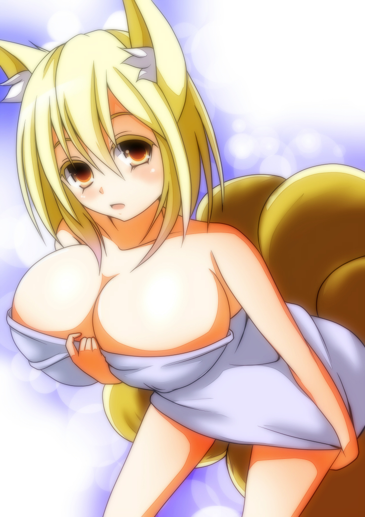 1girl animal_ears blonde_hair bow breasts female_focus fox_ears hand_on_own_chest huge_breasts inclined large_breasts looking_at_viewer merry_(diameri) open_mouth short_hair solo tail touhou towel yakumo_ran yellow_eyes