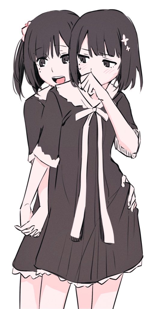 2girls :d blush clenched_hand covering_own_mouth cowboy_shot flower flowers_(innocent_grey) hair_flower hair_ornament hair_scrunchie hand_on_another&#039;s_hip holding_hands mole mole_under_eye multiple_girls multiple_moles open_mouth sasaki_ichigo sasaki_ringo school_uniform scrunchie shishima_eichi short_sleeves siblings simple_background sisters small_sweatdrop smile twins white_background
