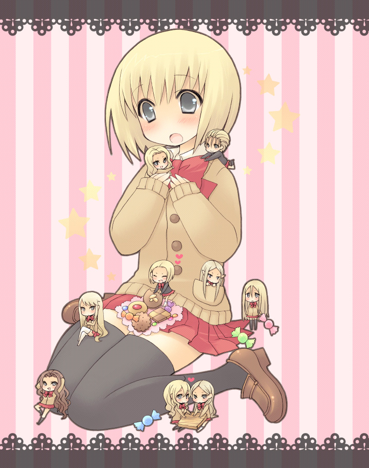 00s 6+girls agatha arms_behind_head black_thighhighs blonde_hair blush brown_hair candy cardigan checkerboard_cookie chibi clare_(claymore) claymore_(series) cookie deneve flora_(claymore) food frown galatea grey_eyes happy heart helen holding irene jean_(claymore) leaning_back loafers long_hair multiple_girls open_mouth pocopoco pointy_ears shoes short_hair sitting skirt smile star_(symbol) striped_background sweets teresa thighhighs undine_(claymore) very_long_hair yuma_(claymore)