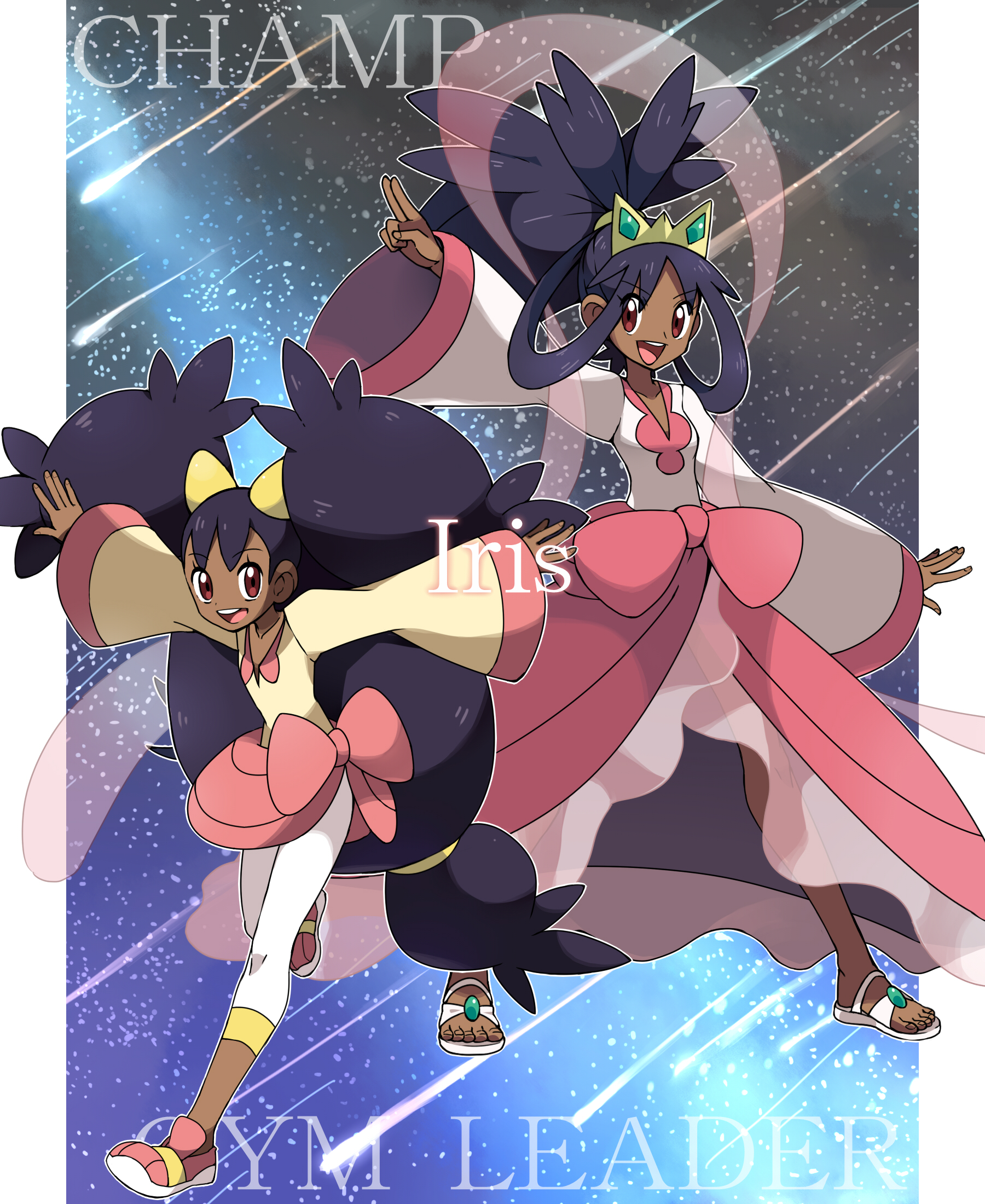 1girl ahoge big_hair bow bow_skirt brown_eyes child clenched_hand collarbone crown dadadanoda dark-skinned_female dark_skin dress english_text feet feet_up female_focus fingernails flat_chest full_body gym_leader happy highres iris_(pokemon) knees leaning_forward leggings legs long_dress long_hair long_sleeves looking_at_viewer low-tied_long_hair multiple_views neck nintendo official_alternate_costume official_alternate_hairstyle open_clothes open_mouth open_skirt outstretched_arms pink_dress pokemon pokemon_bw pokemon_bw2 ponytail purple_hair running sandals shoes shooting_star sidelocks_tied_back skirt sneakers star_(sky) starry_sky_background thighs toenails toes v v-neck very_long_hair white_sandals wide_sleeves