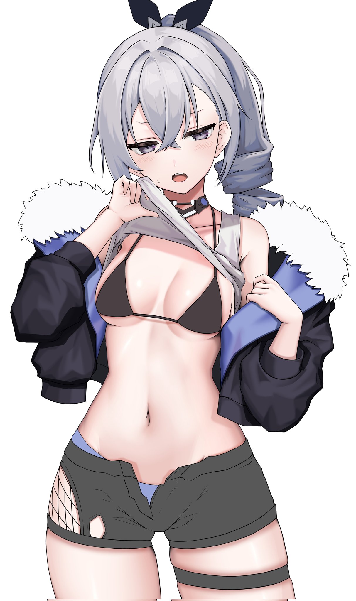 1girl armpit_crease bare_shoulders black_bra black_jacket black_shorts blue_panties blush bra breasts clothes_lift collarbone corrupted_twitter_file cowboy_shot cropped_jacket crossed_bangs drill_hair drill_ponytail fur-trimmed_jacket fur_trim grey_eyes grey_hair hair_behind_ear hair_between_eyes highres hip_vent honkai:_star_rail honkai_(series) jacket kushinaka light_blush long_hair looking_at_viewer midriff navel open_fly open_mouth panties shirt shirt_lift short_shorts shorts silver_wolf_(honkai:_star_rail) simple_background single-shoulder_shirt single_drill skindentation small_breasts solo tank_top teeth thigh_strap three-quarter_sleeves underwear upper_teeth_only white_background white_shirt white_tank_top wiping_sweat wiping_with_clothes
