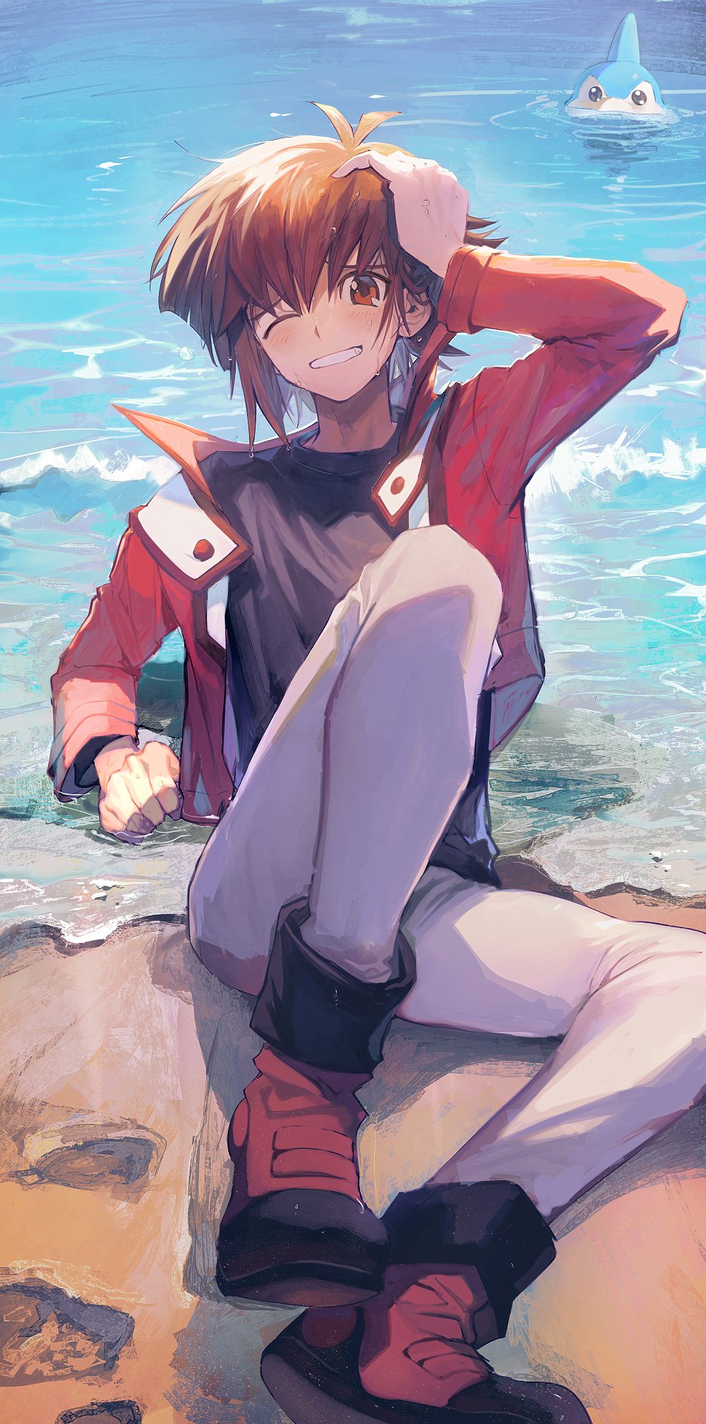 1boy aoki_(fumomo) arm_up beach black_shirt brown_eyes brown_hair commentary duel_academy_uniform_(yu-gi-oh!_gx) duel_monster fish grey_pants grin hair_between_eyes highres jacket knee_up long_sleeves looking_at_viewer male_focus neo-spacian_aqua_dolphin one_eye_closed pants revision shirt sitting smile symbol-only_commentary water yu-gi-oh! yu-gi-oh!_gx yuki_judai