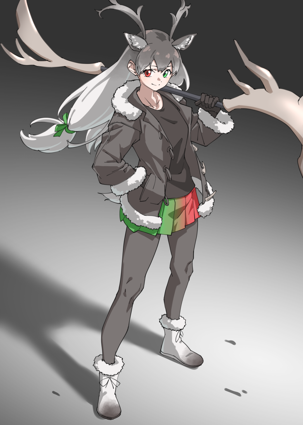1girl animal_ear_fluff animal_ears antlers black_gloves black_jacket black_pantyhose black_shirt boots commentary deer_ears deer_tail extra_ears full_body fur-trimmed_boots fur-trimmed_jacket fur_collar fur_trim gloves gradient_clothes gradient_hair gradient_skirt green_eyes green_skirt grey_hair hair_ribbon hand_in_pocket heterochromia highres horns jacket kemono_friends legs_apart long_hair long_sleeves looking_at_viewer low-tied_long_hair miniskirt multicolored_hair multicolored_skirt open_clothes open_jacket pantyhose pleated_skirt red_eyes red_ribbon red_skirt reindeer_(kemono_friends) reindeer_antlers reindeer_girl ribbon shirt simple_background skirt smile solo standing tail tanabe_(fueisei) weapon white_hair