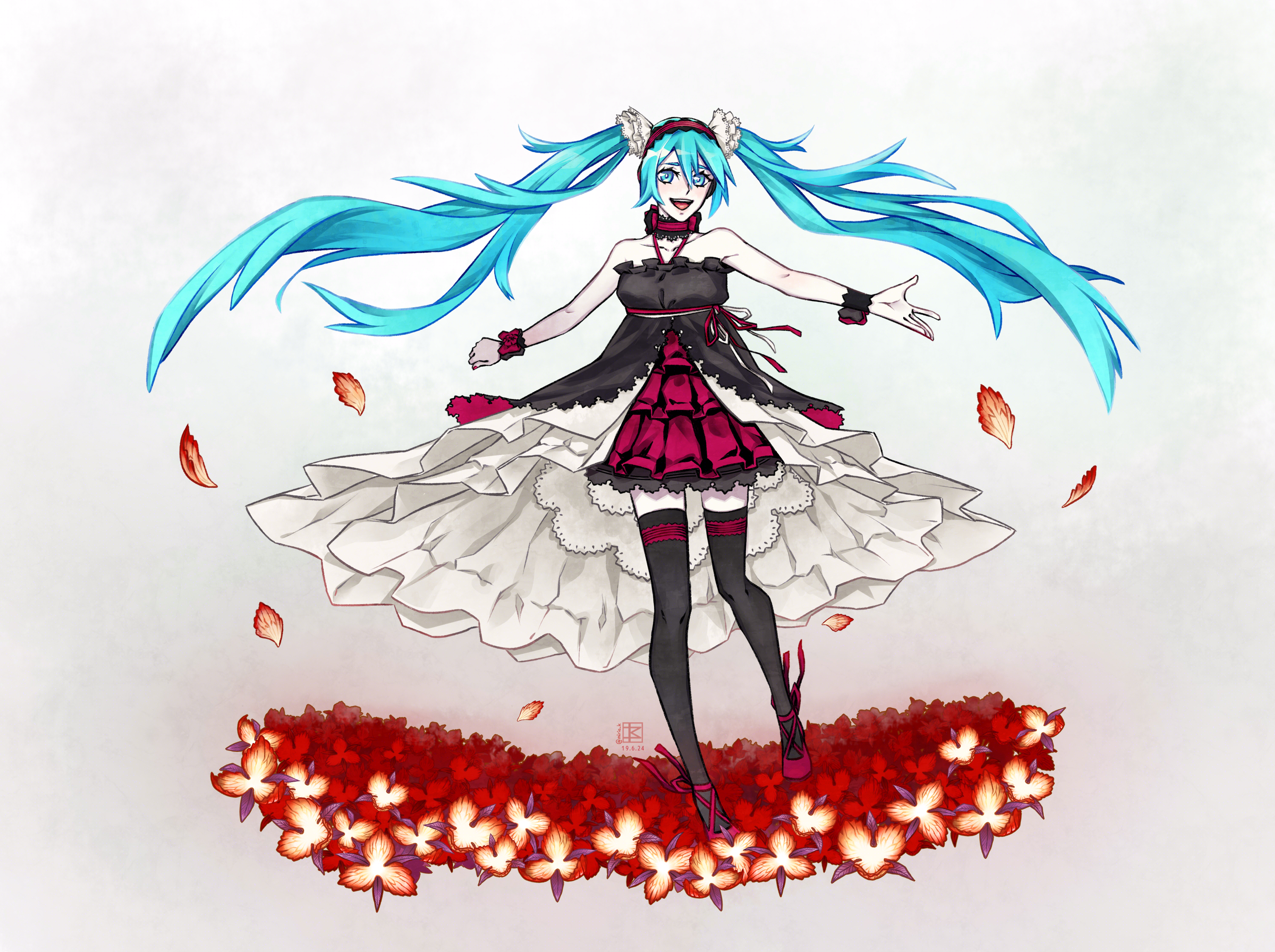 1girl 7th_dragon_(series) 7th_dragon_2020 7th_dragon_2020-ii aqua_eyes aqua_hair bare_shoulders black_choker black_dress black_thighhighs breasts choker dated dress field floating_hair floro_(7th_dragon) flower flower_field frills full_body grey_background hair_between_eyes hair_ornament hatsune_miku highres ko_myth lace lace-trimmed_dress lace_trim long_hair looking_at_viewer open_mouth outstretched_hand petals red_choker red_footwear red_headphones red_ribbon redrawn ribbon self-upload sidelocks signature skirt smile solo standing thighhighs twintails twitter_username very_long_hair vocaloid white_ribbon white_skirt wrist_cuffs