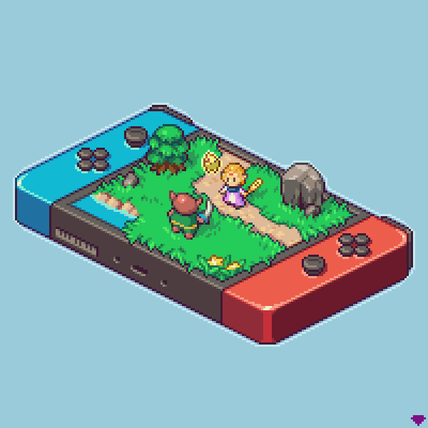 1girl 1other blonde_hair blue_background circlet commentary dress english_commentary flower grass mirrutatep moblin nintendo nintendo_switch pixel_art princess_zelda purple_dress rock the_legend_of_zelda the_legend_of_zelda:_echoes_of_wisdom tree