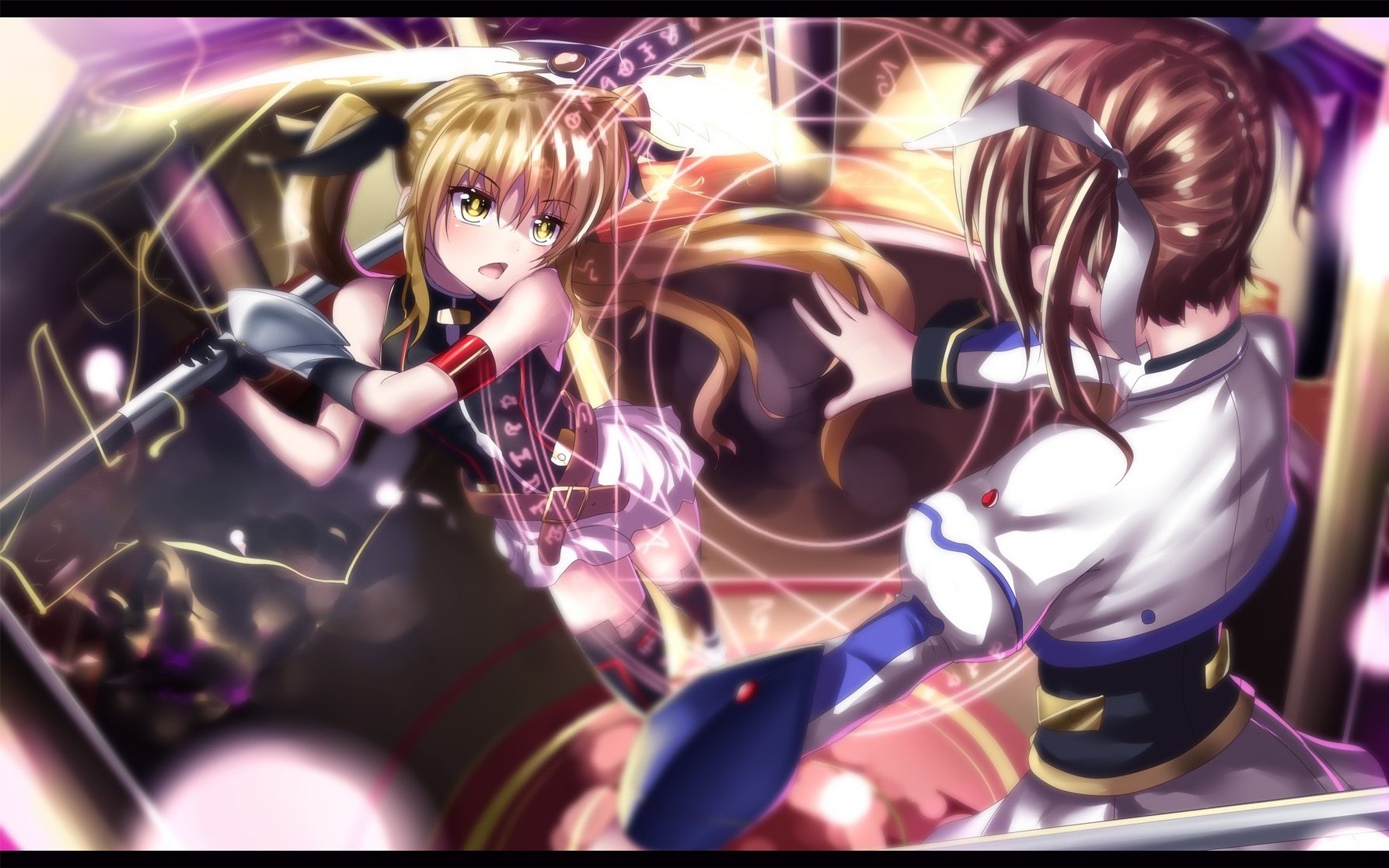 00s 2girls arm_strap bad_id bad_pixiv_id bardiche_(nanoha) bardiche_(scythe_form)_(nanoha) bare_shoulders belt black_gloves blonde_hair brown_hair fate_testarossa fate_testarossa_(lightning_form)_(2nd) fighting gloves hair_ribbon highres hk_(hk) juliet_sleeves letterboxed long_hair long_sleeves lyrical_nanoha magic_circle magical_girl mahou_shoujo_lyrical_nanoha multiple_girls open_mouth puffy_sleeves ribbon shirt skirt sleeveless sleeveless_shirt takamachi_nanoha takamachi_nanoha_(exelion_mode) twintails very_long_hair yellow_eyes