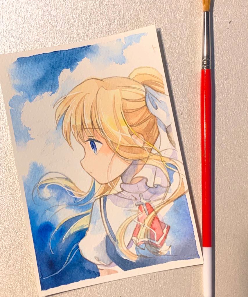 1girl 9tati93 air_(visual_novel) blonde_hair blue_eyes blue_hair cross drawing_(object) kamio_misuzu looking_to_the_side neckerchief photo_(medium) red_neckerchief ribbon traditional_media white_ribbon