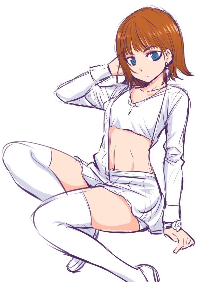 1girl abe_tsukumo avataro_sentai_donbrothers blouse blue_eyes brown_hair crop_top earrings high_heels jewelry shirt skirt sononi sononi_(donbrothers) super_sentai thighhighs white_thighhighs