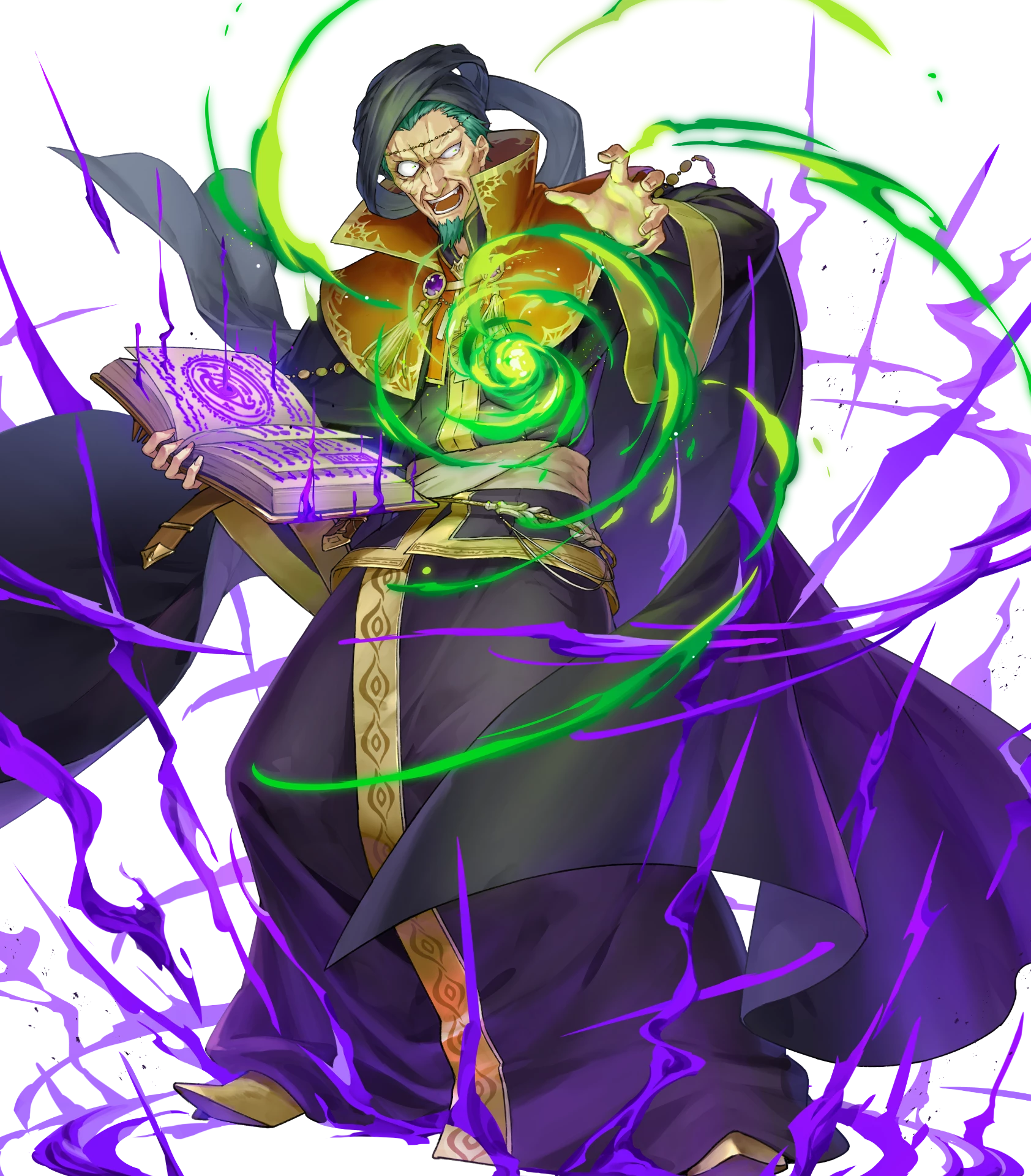 1boy attack beard black_robe black_turban book facial_hair fire_emblem fire_emblem:_the_blazing_blade fire_emblem_heroes grey_hair highres holding holding_book nergal_(fire_emblem) nintendo non-web_source official_art old old_man open_book open_mouth robe smile solo turban