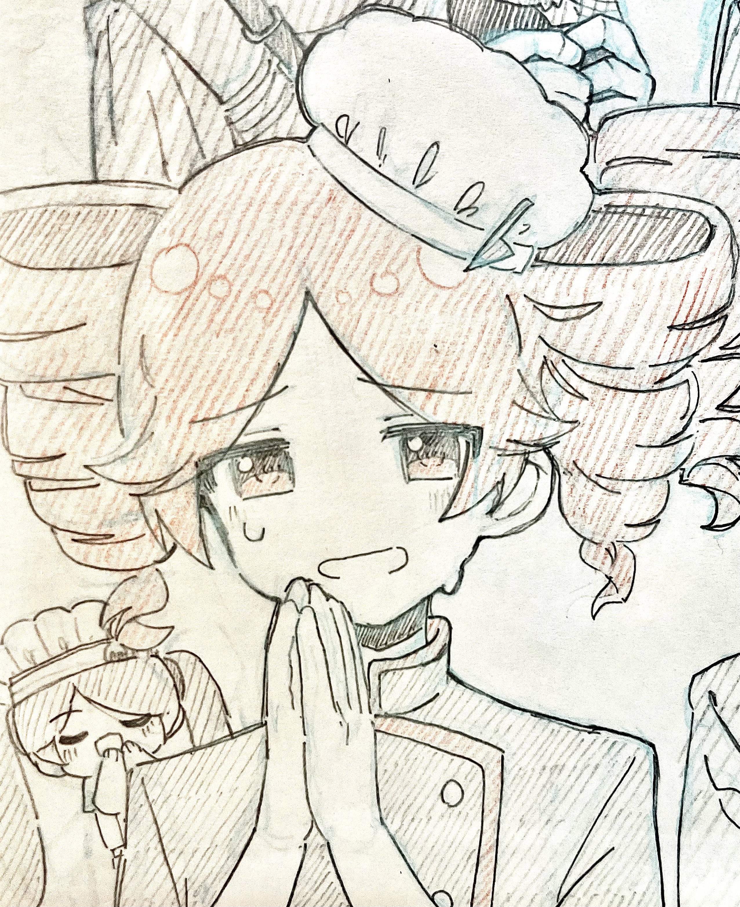 2girls absurdres buttons chef_hat closed_eyes colored_pencil_(medium) double-breasted drill_hair graphite_(medium) hands_folded hat hatsune_miku highres kasane_teto looking_at_viewer multiple_girls obsolete_meat_(vocaloid) open_mouth parted_bangs sweat teteteto0 toque_blanche traditional_media twin_drills twintails utau vocaloid