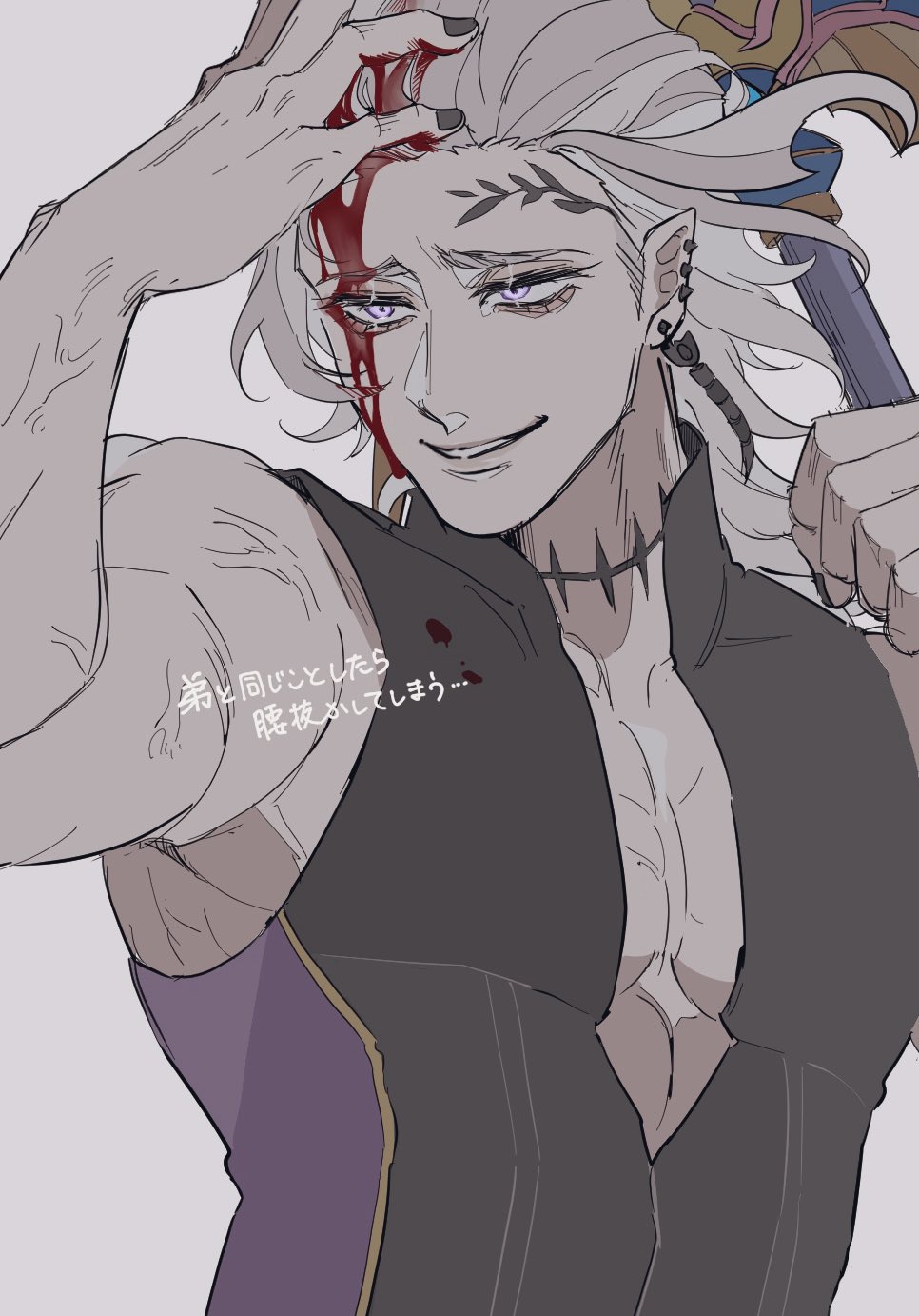 1boy abs_peek black_shirt bleeding blood blood_drip blood_from_forehead blood_on_chest blood_on_face blood_on_hands choker collarbone ear_piercing earrings expressionless facial_tattoo forehead_tattoo gold_trim grin hades_(shuumatsu_no_valkyrie) hair_back half-closed_eyes hands_up high_collar highres holding holding_polearm holding_weapon jacket jewelry leaf_tattoo male_focus multiple_earrings muscular muscular_male pectoral_cleavage pectorals piercing pointy_ears polearm purple_background purple_eyes purple_shirt shirt short_hair shuumatsu_no_valkyrie sideways_glance sleeveless sleeveless_shirt hair_slicked_back smile solo spiked_choker spikes tattoo toned toned_male two-tone_shirt unworn_jacket upper_body veins veiny_arms weapon white_hair