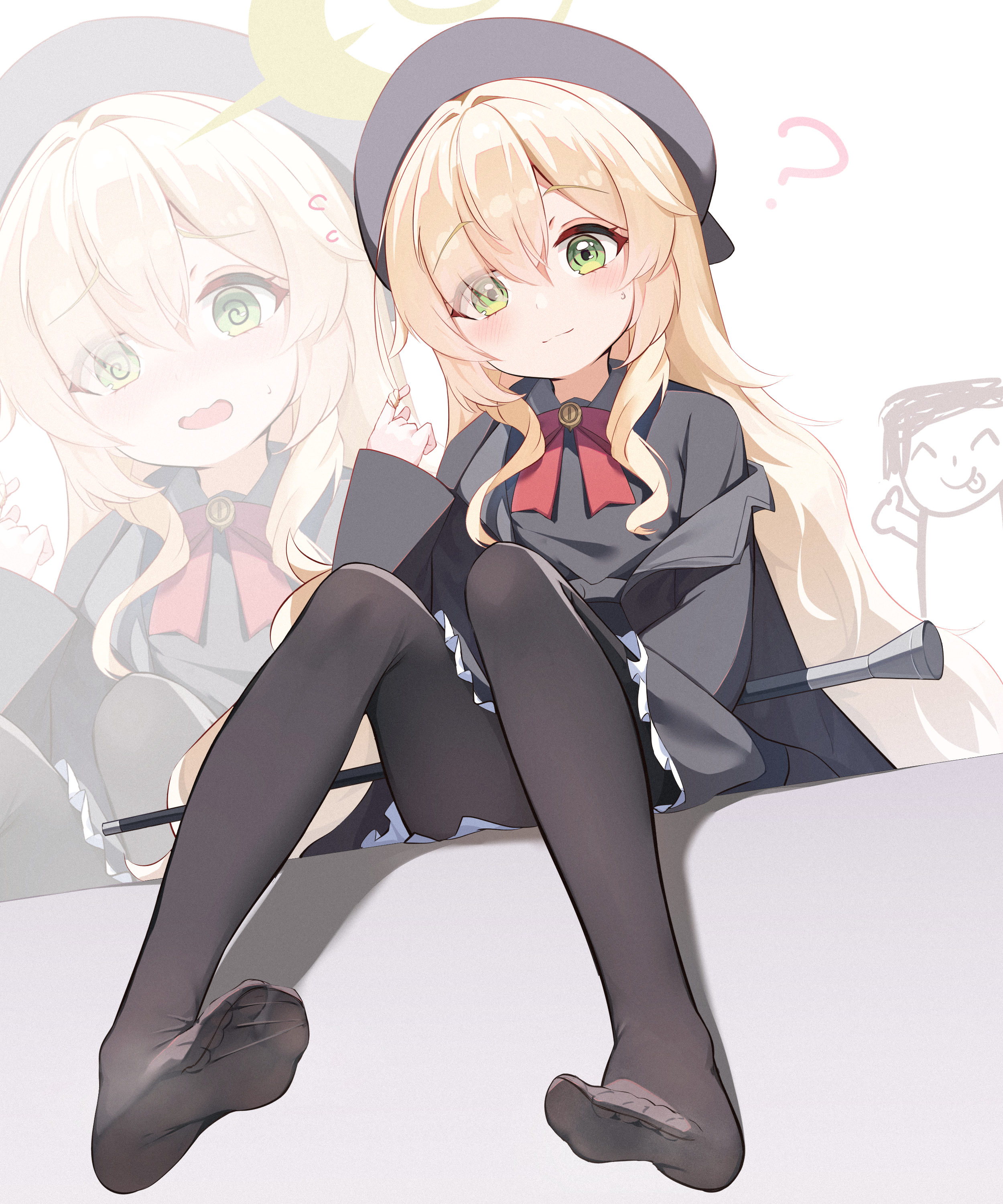 1boy 1girl :p ? @_@ ^_^ absurdres april_aries beret black_coat black_hat black_pantyhose black_shirt black_skirt blonde_hair blue_archive blush bow bowtie cane closed_eyes closed_mouth coat doodle_sensei_(blue_archive) embarrassed feet flying_sweatdrops frilled_skirt frills frown green_eyes hair_between_eyes hair_over_one_eye halo hat highres light_smile long_hair no_shoes open_mouth pantyhose professor_niyaniya_(blue_archive) projected_inset raised_eyebrows red_bow red_bowtie sensei_(blue_archive) shadow shirt side_ahoge sidelocks sitting_on_wall skirt thumbs_up tongue tongue_out twirling_hair wavy_mouth yellow_halo