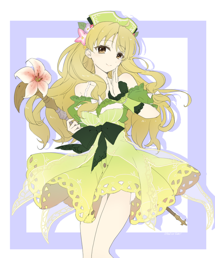1girl atelier_(series) atelier_ayesha ayesha_altugle bare_shoulders blonde_hair brown_eyes closed_mouth commentary_request cowboy_shot dress drop_shadow flower green_dress hair_flower hair_ornament hand_up holding holding_staff karasumi_(aiseec) long_hair looking_at_viewer off-shoulder_dress off_shoulder pink_flower smile solo staff standing wrist_cuffs