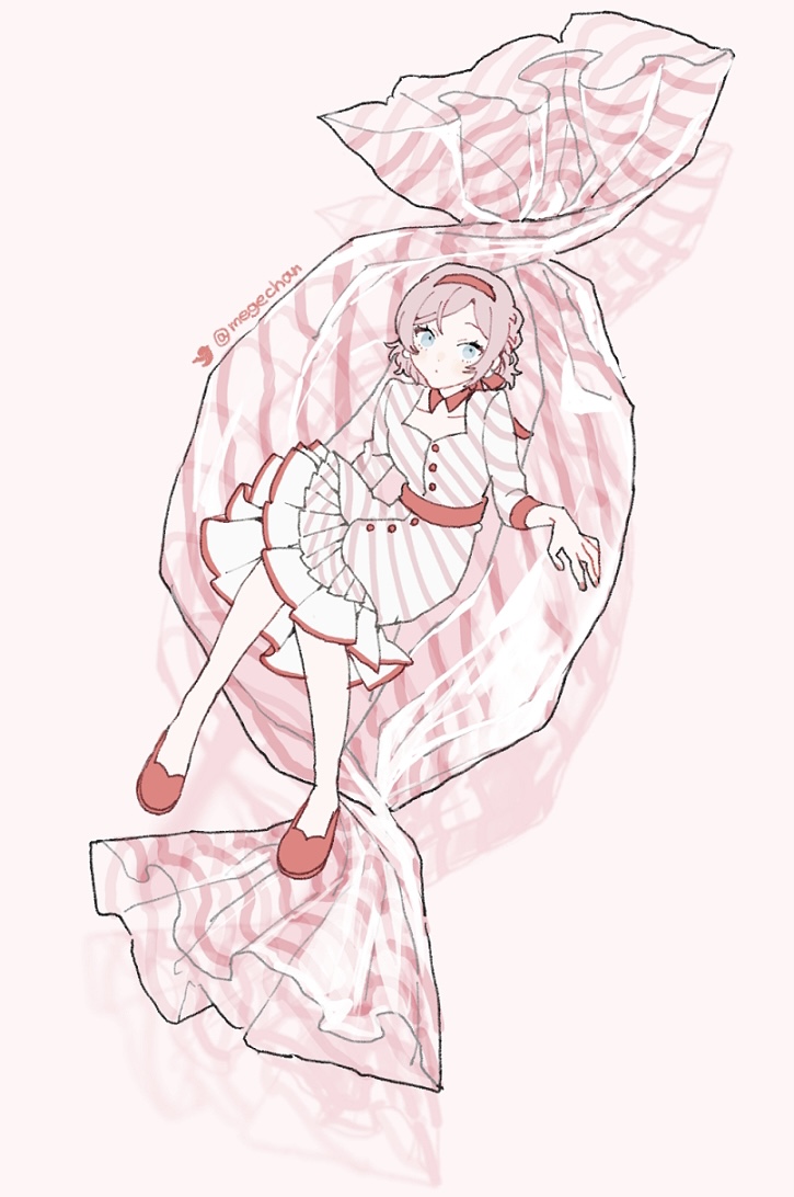 1girl blue_eyes blush braid buttons candy candy_wrapper detached_collar dress flats food hairband layered_dress long_sleeves looking_up mege_(megechan) mini_person minigirl nail_polish neck_ribbon original parted_bangs pink_hair ribbon short_hair solo striped_clothes striped_dress twitter_username wrapper