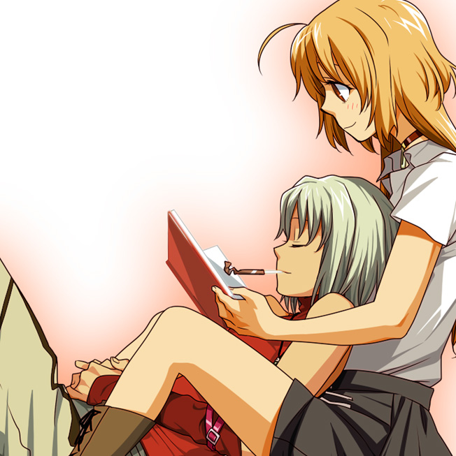 2girls 428 428:_fuusa_sareta_shibuya_de ahoge androgynous between_legs blonde_hair canaan_(character) canaan_(series) choker chunsoft closed_eyes mori_(unknown.) mouth_hold multiple_girls oosawa_maria own_hands_clasped own_hands_together reading reclining short_hair sitting sleeveless sleeveless_turtleneck smile tomboy turtleneck white_hair yuri
