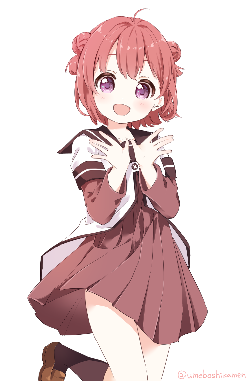 1girl ahoge akaza_akari black_socks blush brown_sailor_collar brown_shoes commentary double_bun dress hair_bun hair_intakes highres layered_sleeves leg_up loafers long_sleeves looking_at_viewer mearian nanamori_school_uniform open_hands open_mouth pleated_dress purple_eyes red_dress red_hair sailor_collar school_uniform shirt shoes short_over_long_sleeves short_sleeves simple_background smile socks solo twitter_username white_background white_shirt yuruyuri
