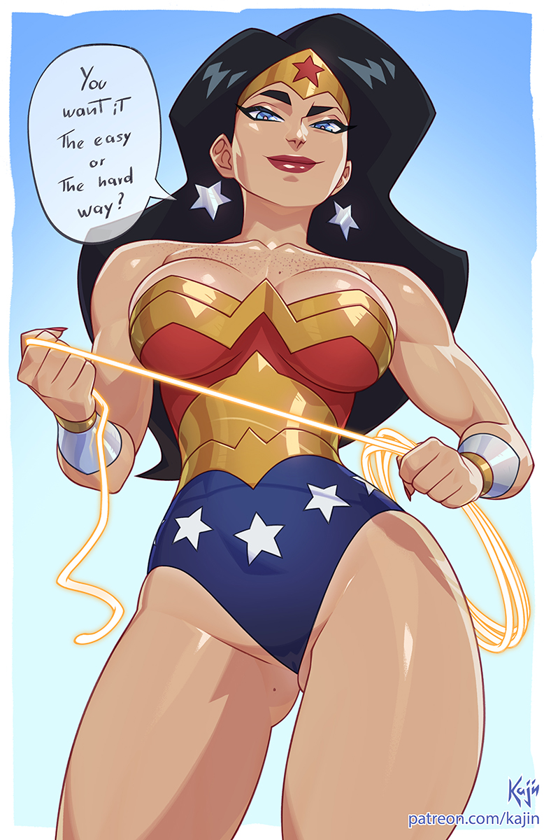 1girl arm_guards artist_name black_hair blue_eyes blue_leotard breasts closed_mouth dc_comics earrings english_text highres holding_lasso jewelry kajin_(kajinman) large_breasts lasso lasso_of_truth leotard long_hair mole mole_on_thigh multicolored_leotard patreon_username red_leotard red_lips solo speech_bubble star_(symbol) star_earrings star_print strapless strapless_leotard wonder_woman wonder_woman_(series)