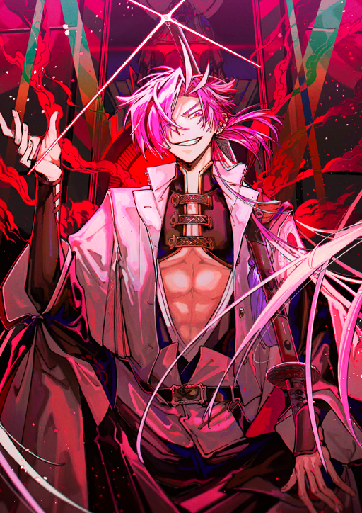 1boy abs armor belt black_pants clothing_request cowboy_shot diffraction_spikes endo_(takolegs) fate/grand_order fate_(series) floating_hair game_cg glowing glowing_eyes grin hair_over_one_eye hand_on_lap hand_up high_collar jacket japanese_armor katana kote kurokote long_hair long_sleeves looking_at_viewer male_focus mecha multicolored_hair official_art one_eye_covered open_clothes open_jacket pants red_eyes red_hair red_theme robot sheath sheathed sitting smile solo streaked_hair sword takasugi_shinsaku_(fate) teeth third-party_source unbuttoned very_long_hair weapon wide_sleeves