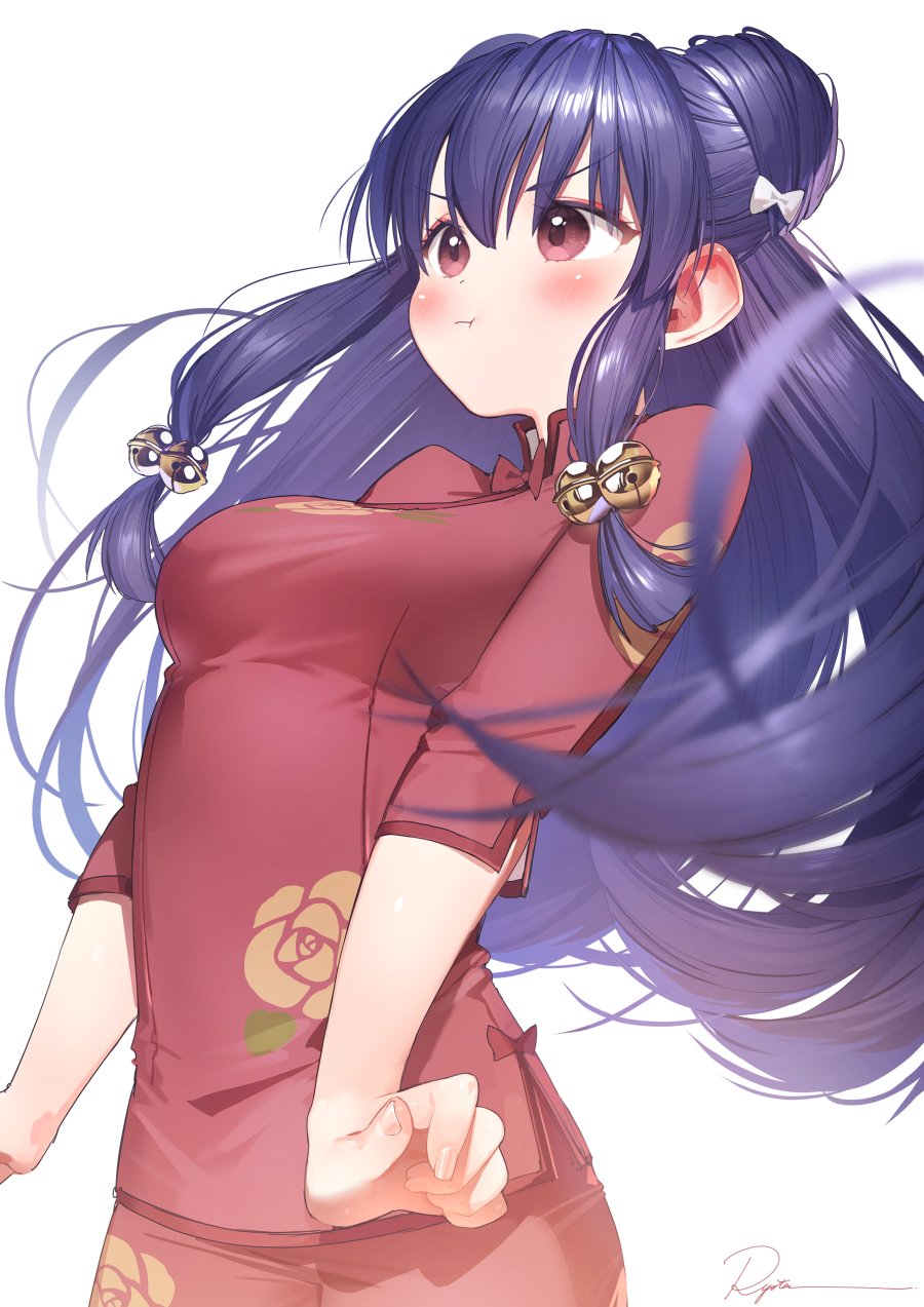 1girl bell bow chinese_clothes double_bun hair_bell hair_bun hair_ornament highres long_hair pants pout purple_hair ranma_1/2 red_eyes red_pants red_shirt ryota_(ry_o_ta) shampoo_(ranma_1/2) shirt signature simple_background white_background white_bow