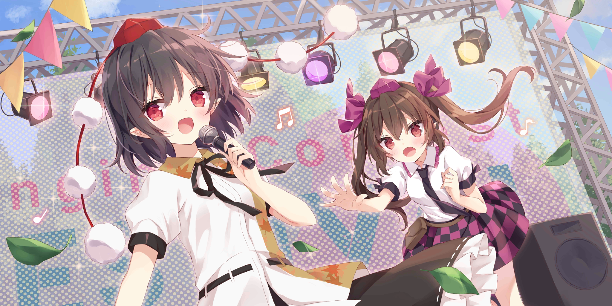 2girls :d beamed_eighth_notes black_hair black_necktie black_ribbon black_skirt blush bow breasts brown_hair checkered_clothes checkered_skirt collared_shirt commentary day english_commentary frilled_shirt_collar frilled_skirt frills game_cg hair_between_eyes hair_bow hat highres himekaidou_hatate holding holding_microphone hoshi_(snacherubi) leaf_print long_hair looking_at_another looking_at_viewer maple_leaf_print microphone multicolored_shirt multiple_girls musical_note neck_ribbon necktie no_wings official_art open_mouth outdoors pennant puffy_short_sleeves puffy_sleeves purple_bow purple_hat red_eyes red_hat ribbon shameimaru_aya shirt short_sleeves skirt small_breasts smile sparkle speaker spotlight stage string_of_flags third-party_source tokin_hat touhou touhou_lostword twintails very_long_hair white_shirt