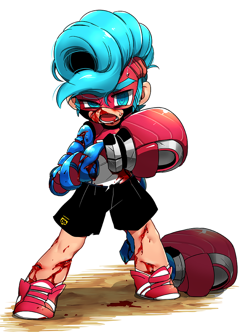 1boy arms_(game) blood boxing_gloves chilla_(arms) cuts damaged injury long_arms male_focus mask nekobayashi_(nekoforest) ninjara_(arms) nintendo nosebleed pompadour simple_background solo sweat white_background aged_down