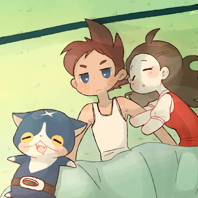 10s 1boy 1girl amano_yukiko_(youkai_watch) brown_hair cat chiyoko_(oman1229) drooling closed_eyes fangs frown fuyunyan hair_down keizou long_hair lying on_back on_side open_mouth scar short_hair sleeping sweat traditional_youkai youkai_watch youkai_watch_2