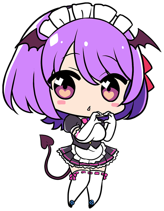 1girl apron bat_hair_ornament black_dress black_skirt black_tail blush bow bowtie breasts collar_jewel demon_girl demon_tail derauea dress elbow_gloves femme_de_menage_maid_academy_uniform flower footwear_flower frilled_apron frills game_cg gem gloves hair_ornament hair_ribbon head_wings heart heart_hands heart_in_eye large_breasts looking_at_viewer maid maid_apron maid_headdress medium_hair milk_factory miniskirt motto!_haramase!_honoo_no_oppai_isekai_oppai_maid_gakuen! non-web_source pink_bow pink_bowtie pink_ribbon puffy_short_sleeves puffy_sleeves purple_brooch purple_eyes purple_gemstone purple_hair red_ribbon ribbon short_sleeves skirt solo symbol_in_eye tail thighhighs transparent_background triangle_mouth waist_apron white_apron white_gloves white_thighhighs wings