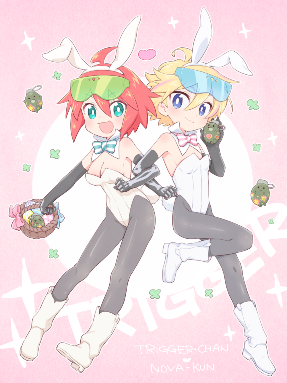 1boy 1girl :3 ahoge alpha_omega_nova animal_ears black_pantyhose blonde_hair blue_eyes blush boots breasts character_name cleavage clover crossdressing detached_collar elbow_gloves explosive eyewear_on_head fake_animal_ears four-leaf_clover full_body gloves grenade heart highres leotard luluco male_playboy_bunny mt.somo pantyhose playboy_bunny rabbit_ears rabbit_tail red_hair smile sparkle strapless strapless_leotard tail trigger-chan trigger_(company) uchuu_patrol_luluco