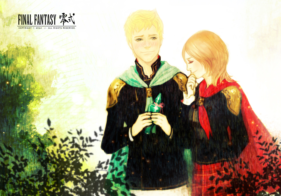 1boy 1girl blonde_hair blush bottle brown_hair cape character_request final_fantasy final_fantasy_type-0 green_eyes j_(onose1213) scarf short_hair tokimiya_rem wavy_mouth