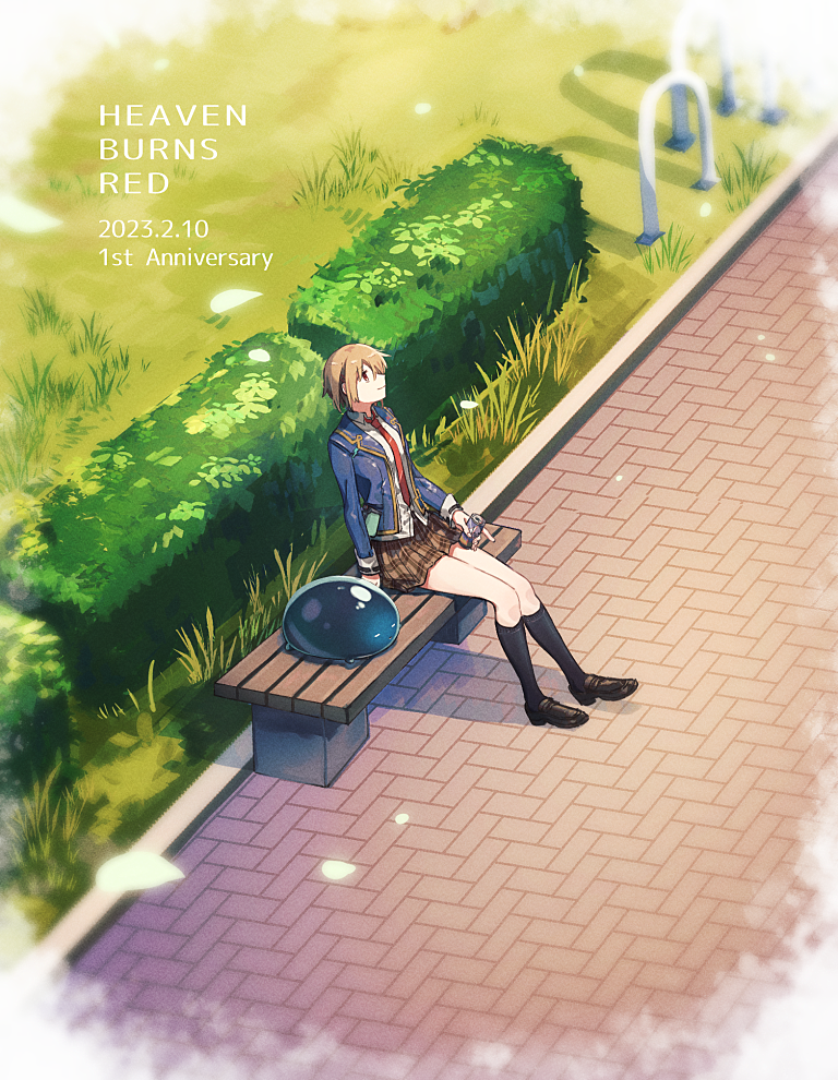 1girl anniversary bench black_shoes black_socks blazer blonde_hair blue_jacket brown_skirt can collared_shirt copyright_name dated drink_can english_text grass heaven_burns_red holding holding_can jacket kanya_(asa_yake01) kayamori_ruka kneehighs loafers long_sleeves looking_up narvy_(heaven_burns_red) necktie on_bench open_clothes open_jacket outdoors pavement plaid_clothes plaid_skirt pleated_skirt red_eyes red_necktie road shirt shoes short_hair sitting skirt sleeve_cuffs socks solo street white_shirt wooden_bench