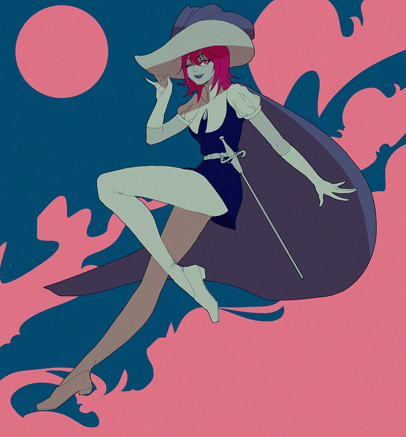 1girl bokutachi_wa_benkyou_ga_dekinai cape cosplay drawfag female_focus full_body gloves pantyhose pink_hair princess_sapphire princess_sapphire_(cosplay) puffy_short_sleeves puffy_sleeves rapier red_eyes ribbon_no_kishi short_sleeves simple_background solo sword takemoto_uruka thatbeaver weapon white_gloves white_headwear