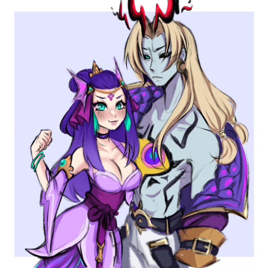 1boy 1girl bare_shoulders belt black_belt black_sclera blonde_hair blue_background blush bracelet breasts choker cleavage collarbone colored_sclera colored_skin green_eyes grey_skin ibkio_chan jewelry large_breasts league_of_legends long_hair long_sleeves nami_(league_of_legends) pants purple_hair short_sleeves single_bare_shoulder smile soul_fighter_viego splendid_staff_nami third_eye_on_chest viego_(league_of_legends) white_background white_pants