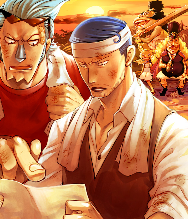 2boys 2girls bad_id bad_pixiv_id bandages blue_hair brothers chimney chimney_(one_piece) engineer franky_(one_piece) frog iceburg injury jii kokoro_(one_piece) monster_girl multiple_boys multiple_girls one_piece shueisha siblings sunglasses sunset water_7 yokozuna_(one_piece)