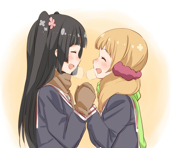 2girls :d ^_^ black_hair blonde_hair breath closed_eyes from_side hair_ornament hair_scrunchie holding_hands kohashi_wakaba long_hair mittens multiple_girls open_mouth profile scarf school_uniform scrunchie shikou_sakugo_(qqap9gt9k) shikousakugo smile tokita_moeko twintails two_side_up wakaba_girl