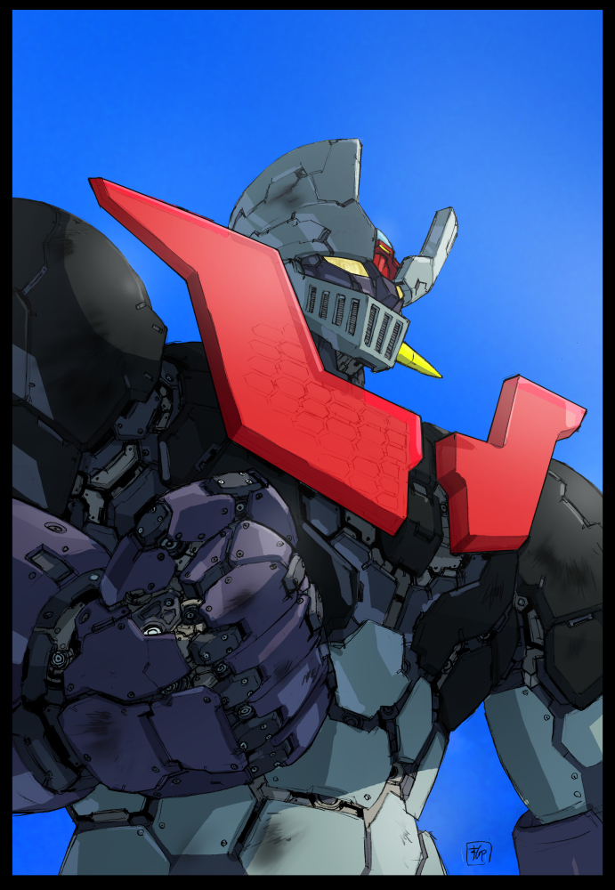 black_border blue_background border clenched_hand mazinger_(series) mazinger_z mazinger_z:_infinity mazinger_z_(mecha) mecha mecha_focus no_humans robot signature super_robot yanase_takayuki