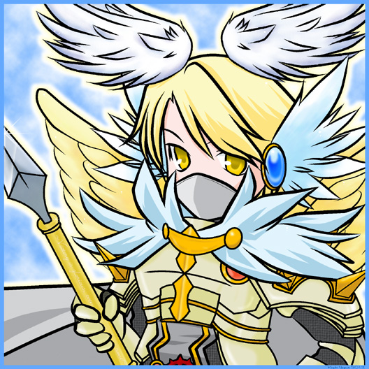 1boy armor blonde_hair blue_wings breastplate cape commentary_request feathered_wings grey_cape head_wings holding holding_polearm holding_weapon looking_at_viewer male_focus mask mouth_mask polearm ragnarok_online rune_knight_(ragnarok_online) short_hair solo spear upper_body variant_set weapon white_wings wings yazawa_kazuki yellow_eyes yellow_wings