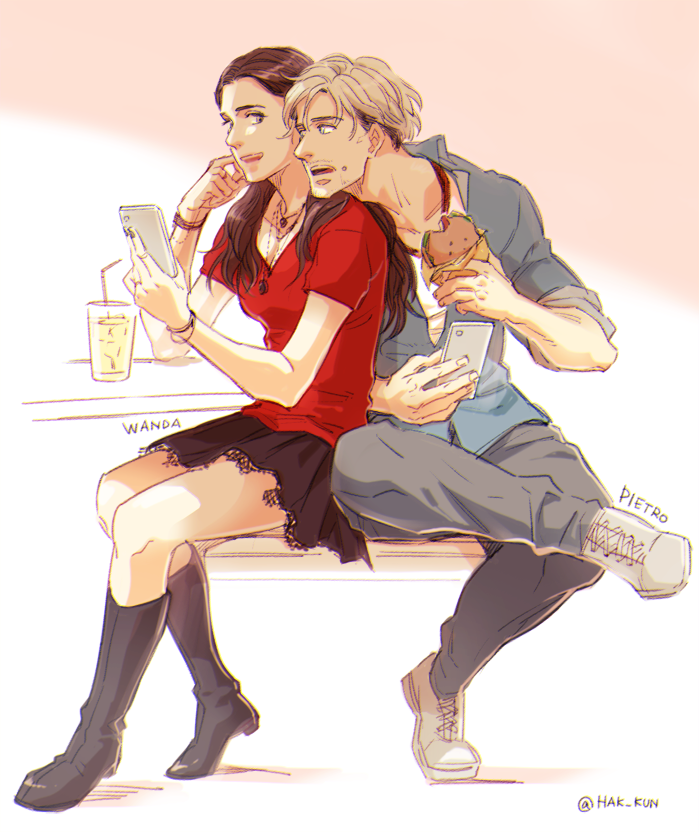 1boy 1girl artist_name avengers:_age_of_ultron avengers_(series) black_footwear black_hair black_nails black_skirt blue_jacket boots bracelet breasts brother_and_sister brown_eyes brown_hair burger cellphone character_name collarbone commentary_request crossed_legs drinking_straw fingernails food food_on_face gem glass grey_eyes grey_hair grey_pants hak_kun hands_up holding holding_burger holding_food holding_phone jacket jewelry korean_commentary lemonade long_hair long_sleeves looking_at_another marvel marvel_cinematic_universe medium_breasts multicolored_hair nail_polish necklace open_mouth pants phone pietro_maximoff pleated_skirt quicksilver_(marvel) red_gemstone red_shirt ring scarlet_witch shirt shoes short_hair short_sleeves siblings sidelocks sitting skirt smartphone smile sneakers t-shirt teeth two-tone_hair wanda_maximoff white_footwear white_shirt