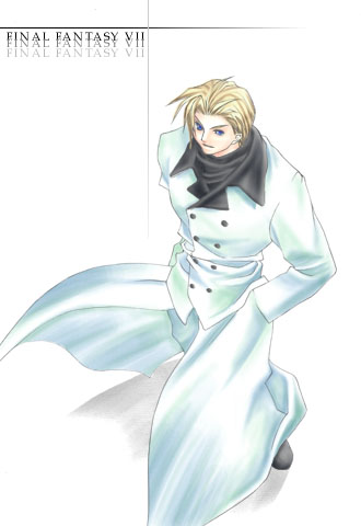 black_shoes blonde_hair blue_eyes coat copyright_name final_fantasy final_fantasy_vii foreshortening from_above full_body hands_in_pockets light_smile lowres rendezvous rufus_shinra shadow shoes short_hair standing third-party_source white_background white_coat
