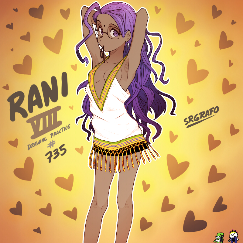 1girl armpits dark-skinned_female dark_skin english_text fate/grand_order fate_(series) glasses purple_eyes purple_hair rani_viii srgrafo