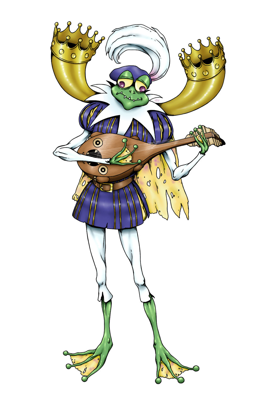 1boy bard digimon digimon_(creature) frog gekomon hat hat_feather holding holding_instrument instrument lute_(instrument) oridigi original sabedile solo