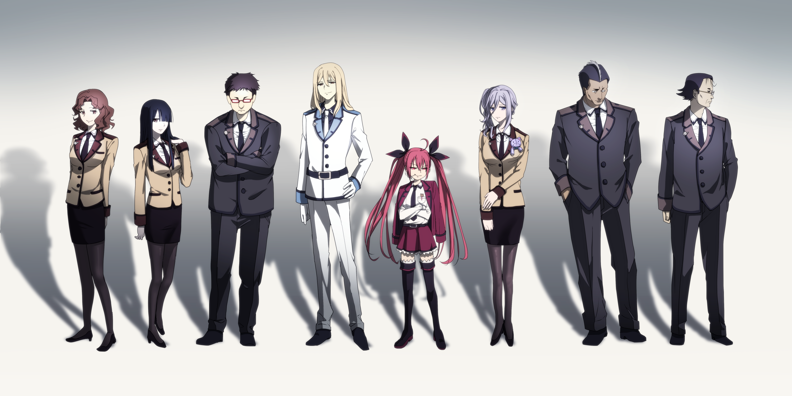 4boys 4girls artist_request bad_id bad_pixiv_id black_hair black_necktie blonde_hair brown_hair date_a_live doll formal_clothes glasses gloves grey_hair highres itsuka_kotori kannazuki_kyouhei multiple_boys multiple_girls murasame_reine necktie pantyhose red_hair shadow short_hair standing suit thighhighs twintails white_gloves