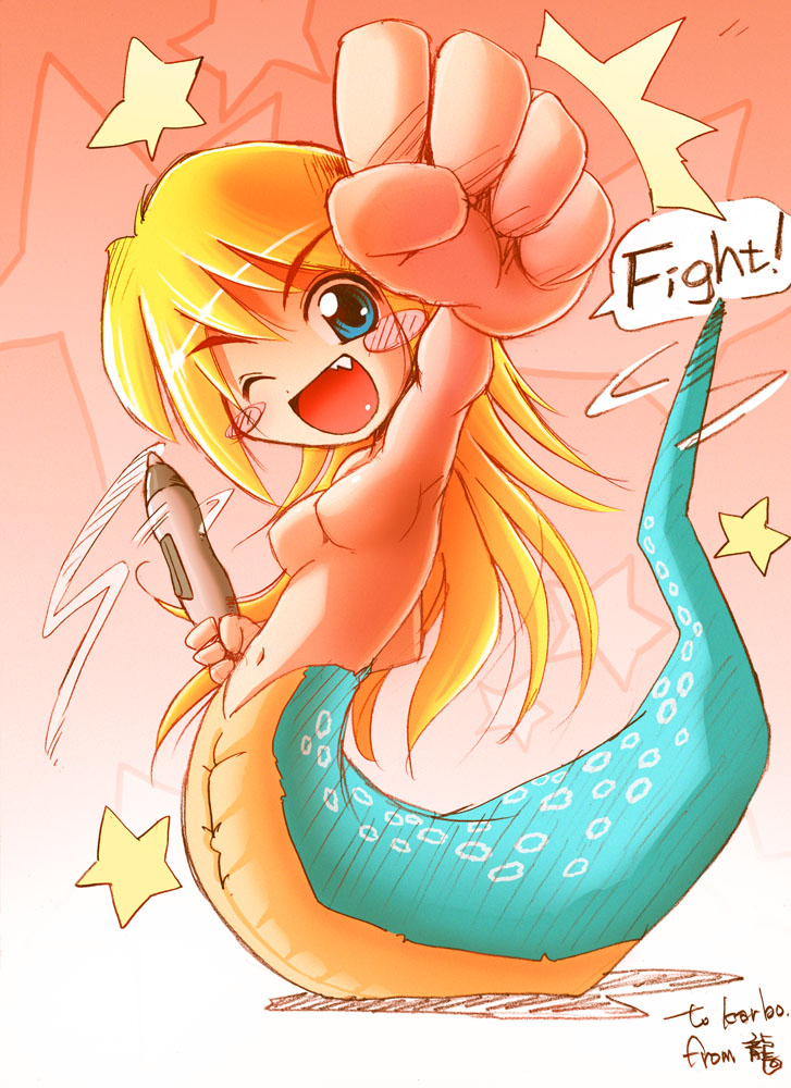 1girl blue_eyes breasts chibi crisis karbo kemo lamia monster_girl no_nipples nude one_eye_closed open_mouth pen small_breasts smile solo