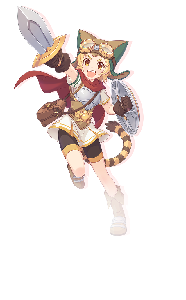 1girl armor black_gloves black_shorts boots breastplate brown_bag brown_boots brown_hat cape drop_shadow full_body gloves goggles goggles_on_head green_hat hat holding holding_shield holding_sword holding_weapon looking_at_viewer matsuri_(princess_connect!) official_art open_mouth outstretched_arm overskirt princess_connect! red_cape shield shirt short_hair short_sleeves shorts simple_background skirt smile solo standing standing_on_one_leg sword tachi-e tail teeth thick_eyebrows tiger_girl tiger_tail transparent_background two-tone_hat upper_teeth_only v-shaped_eyebrows weapon white_shirt white_skirt