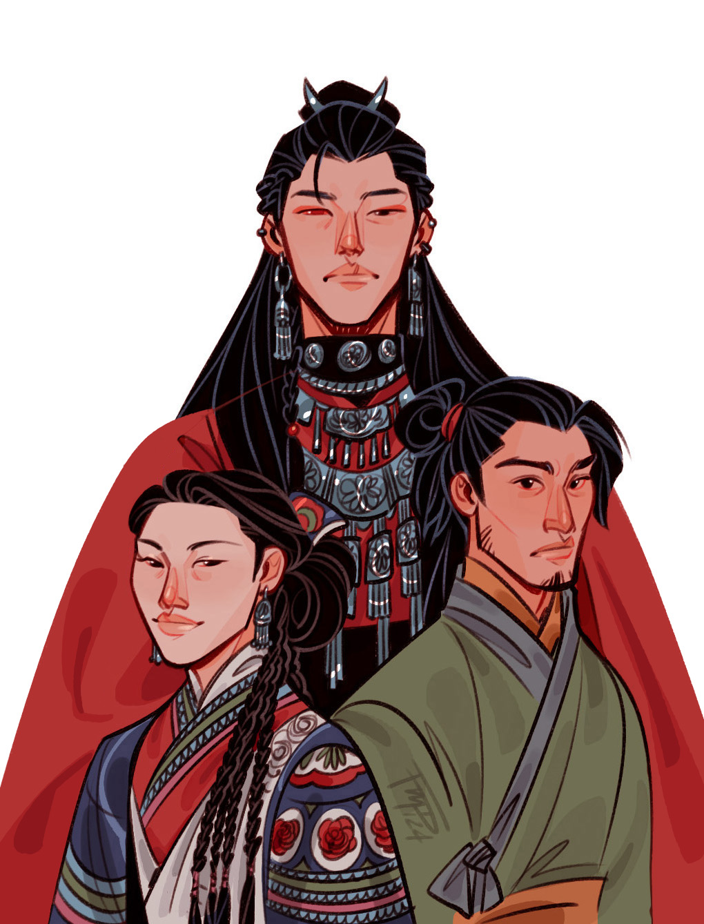 1girl 2boys absurdly_long_hair beads beard_stubble black_eyes black_hair blue_hanfu braid chinese_clothes closed_eyes ear_piercing earrings facial_hair family father_and_son fmd frown green_hanfu hair_beads hair_bun hair_ornament hanfu heterochromia highres hua_cheng jewelry long_hair miao_clothes mother_and_son multiple_boys multiple_piercings parent_and_child piercing red_eyes red_hanfu red_robe robe side_braid side_braids silver_earrings silver_necklace simple_background single_hair_bun smile stubble tianguan_cifu very_long_hair white_background
