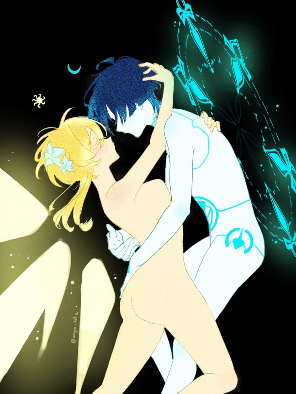 1boy 1girl ahoge anya_lolz aqua_halo arm_around_waist arm_up ass black_background blonde_hair blue_flower blue_hair blunt_ends blush breasts closed_eyes closed_mouth colored_eyelashes completely_nude crescent detached_wings flower from_side genshin_impact glowing_markings hair_flower hair_ornament halo hand_on_another&#039;s_back hetero highres lumine_(genshin_impact) magic_circle medium_breasts nude polar_opposites profile scaramouche_(genshin_impact) short_hair short_hair_with_long_locks sidelocks sun twitter_username wanderer_(genshin_impact) wings yellow_wings