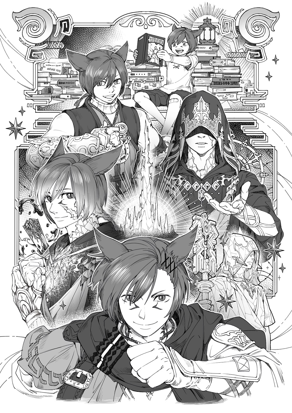 6+boys age_progression aged_down animal_ears book book_stack bracer cat_ears covered_eyes crystal_exarch crystallization facial_mark final_fantasy final_fantasy_xiv g&#039;raha_tia g&#039;raha_tia greyscale highres holding holding_book holding_staff hood hood_up looking_at_viewer male_focus material_growth miqo&#039;te monochrome multiple_boys multiple_persona parted_lips scarf shaded_face short_hair slit_pupils smile staff swept_bangs upper_body zmeoow