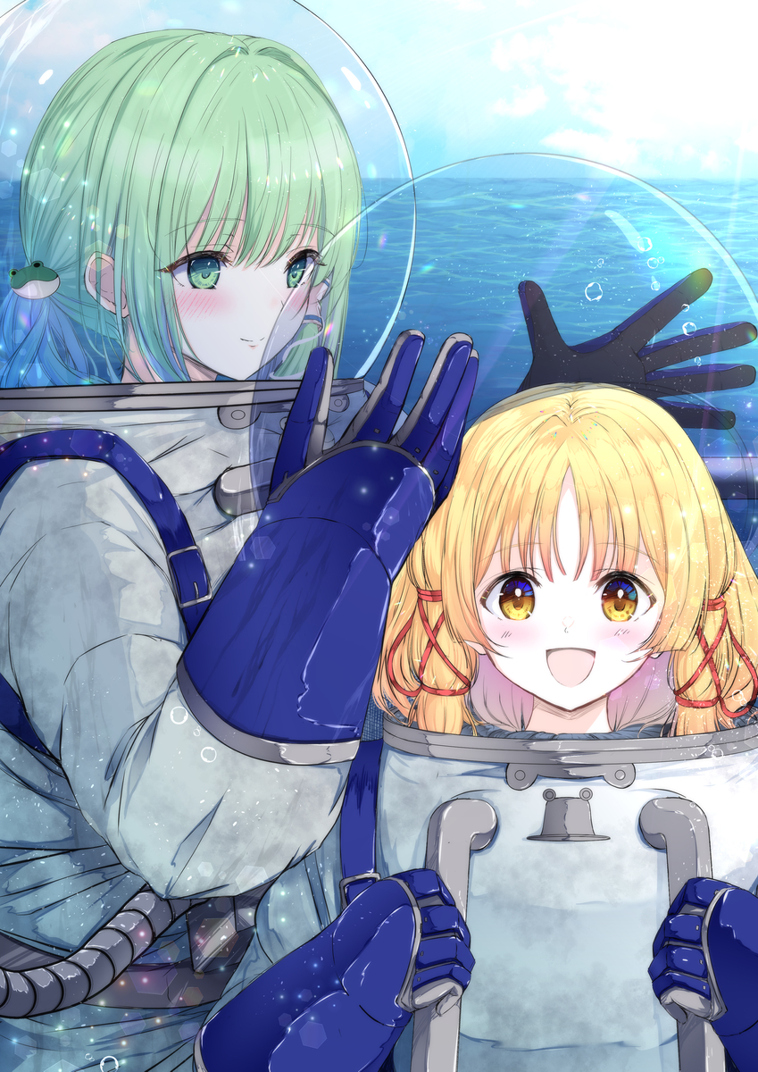 2girls :d blush closed_mouth diving_suit facing_viewer frog_hair_ornament gloves green_eyes green_hair hair_intakes hair_ornament hair_ribbon hair_tubes highres kochiya_sanae long_hair looking_at_another looking_at_viewer mask medium_hair moriya_suwako multiple_girls ocean open_mouth respirator ribbon sidelocks single_hair_tube single_sidelock sky smile snake_hair_ornament tomo_(uguisu-tei) touhou upper_body yellow_eyes