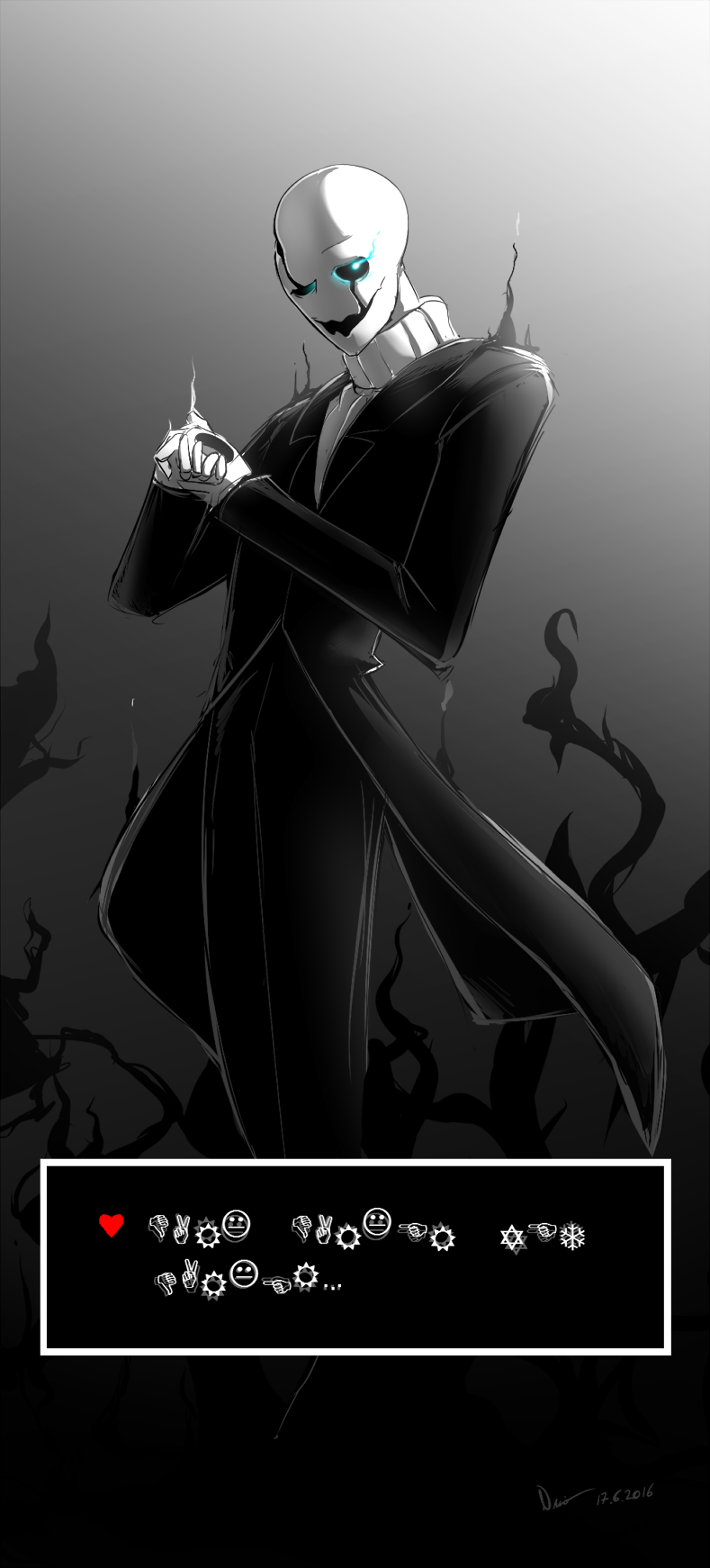 1boy colored_sclera dark grin heart highres hollow_eyes hollow_mouth long_sleeves male_focus monochrome nsio open_mouth shirt simple_background skeleton smile solo sweater teeth turtleneck undertale uneven_eyes w.d._gaster wingdings
