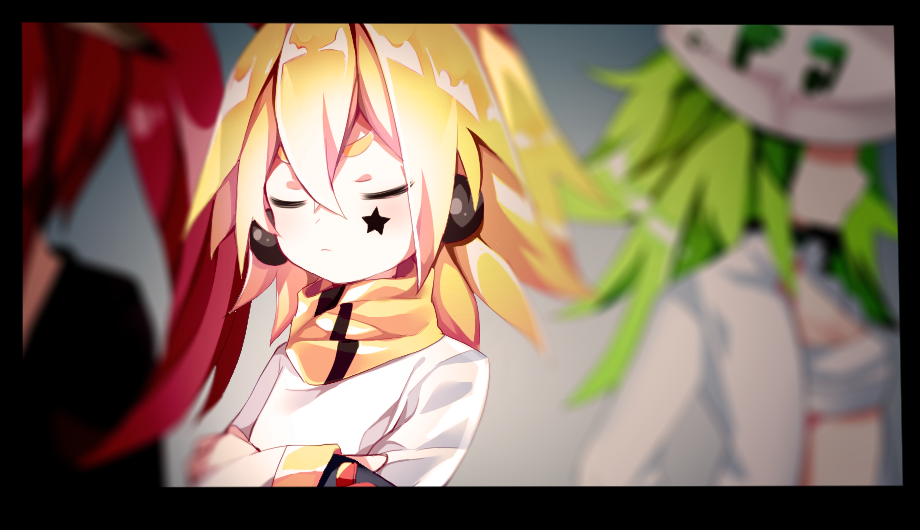 3girls aotu_world blonde_hair blush closed_mouth crossed_arms closed_eyes facing_away green_hair long_hair multiple_girls ponytail red_hair short_hair shu_(pjxv7485) upper_body